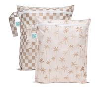 Bumkins Waterproof Wet Bag for Baby, Travel, Swim Suit, Cloth Diapers, Pump Parts, Pool, Beach, Gym Clothes, Toiletry, Hook to Stroller, Daycare, Zip Reusable Wetdry Pack, 2-pk Palm Trees, Beige Check