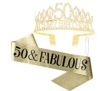 Bumlofa 3 bandas doradas para 50 cumpleaños y 50 tiara de diamantes de imitación corona y faja para mujeres 50 y fabulosas decoraciones de cumpleaños