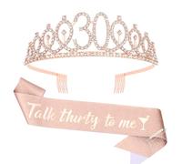 Bumlofa 30. Corona de cumpleaños de oro rosa - Tiara - y "30 & Fabulous" - Faja - Set para mujer - Diamantes de imitación - Diadema - Accesorio - Tiara con peine para decorar fiestas de cumpleaños