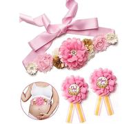 BumpPetal Flower Sash Set - Baby Shower Mom to Be Daddy to Be Corsage Pin - Cinturón de flores para vestido de maternidad - Suministros para fotos de embarazo