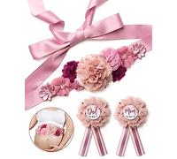 BumpPetal Flower Sash Set - Baby Shower Mom to Be Daddy to Be Corsage Pin - Cinturón de flores para vestido de maternidad - Suministros para fotos de embarazo