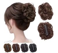 Bun Extension Clips, Claw Clip Messy Bun Hair Piece, Stylish Buns Extension For Women, Synthetic Elastic Wavy Curly Hair Piece, Women Scrunchies (Brown+Black)