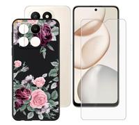 BUNALFaa Funda para Honor X7d 5G (6.77")Teléfono + Protectores de pantalla 9H Dureza Cristal Templado, tapa Case Antigolpes y Antiarañazos Protector Carcasa Negro Silicona Funda Móvil -Flor irregular