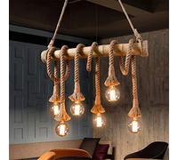 BUNCC Cuerda de cáñamo Lámpara Colgante Retro Vintage Tubo de bambú Lámpara Colgante 6 Luz Industrial Loft Araña de Techo Altura Ajustable E27 Barra Tejida a Mano Cocina Comedor Iluminación