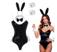 Bunny Costume, Halloween Cosplay Bodysuit with Ears & Collar Bow Tie Cuffs