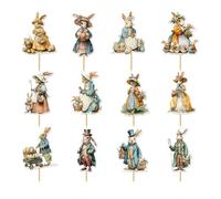 Bunny Cupcake Toppers - 12 Piece Retro Animal Pick | Easter Cake Decorator for Festival Celebration and Birthday Food, DIY Craft, Baking Supplies for Kids, Family Party Favor