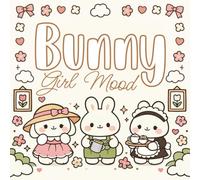 Bunny Girl Mood: Cute cozy coloring book cover illustration for adult women, bold thick black outlines, simple large shapes, kawaii cozy aesthetic