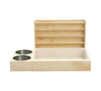 Bunny Hay Feeder, Small Animal Litter Box, Wooden Feeder with Double Bowls, Anti-Waste Food Dispenser, for Rabbits Chinchillas Hamsters, 2-in-1 Design, White Brown Color, 1 Set