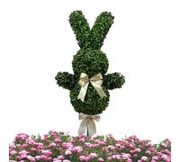 Bunny Plant - UV Resistant Faux Greenery, Rabbit Shaped Topiary, Artificial Animal Shrubbery, Outdoor Garden Sculpture, Patio & Lawn, Green Small Tree With White Bow For Porch Yard Outside