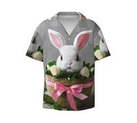 Bunny Rosette Print - Manga corta para hombre, ligero, elegante, cuello cubano, estilo clásico, bolsillo práctico, NEGRO, 4XL