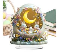 Bunny Tabletop Decor, Flat Desk Ornaments, Acrylic Rabbit Egg Moon Easter Animal Ornament for Home Desk, Dining Table, Bookshelf Decor, Perfect for Spring Celebrations and Festive Styling, 19x20cm