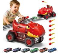 BunnyJOY Camiones Juguete Niños 3 a 6 Años, Juguetes de Coche para Niños 4 5 6 7 8 Años, Vehículo Dinosaurio Grande con Pista Extendible, 6 Coches de Carreras y 6 Misiles, Rojo