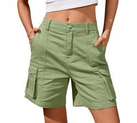 BUNSLOOM Bermudas - Pantalones cortos cargo para mujer, 6 bolsillos, cintura elástica, pantalones cortos largos de verano, azul marino, M