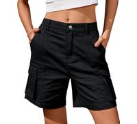 BUNSLOOM Bermudas - Pantalones cortos cargo para mujer, 6 bolsillos, cintura elástica, pantalones cortos largos de verano, Negro , L
