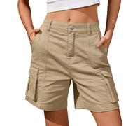 BUNSLOOM Bermudas para mujer, pantalones cortos cargo hasta la rodilla, 6 bolsillos, cintura elástica, pantalones cortos largos para verano casual, caqui, S