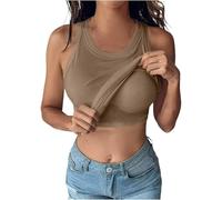BUNSLOOM Camiseta de tirantes para mujer con sujetador incorporado, sin mangas, estilo Racerback, ajustada, casual, caqui, L
