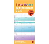 Bunte Wochen Familienplaner 2027: Praktischer Wandplaner mit 5 Spalten. Familien Wandkalender mit Schulferien und 3-Monats-Ausblick aufs Folgejahr. Terminkalender 2027.