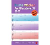 Bunte Wochen Familienplaner XL 2027: Familienkalender mit 6 Spalten. Praktischer Familien-Wandkalender mit Schulferien. Extra breiter Terminkalender.