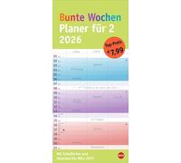 Bunte Wochen Planer für 2 2026: Praktischer Wandplaner für zwei mit 3 Spalten. Wandkalender mit Schulferien und 3-Monats-Ausblick aufs Folgejahr. Terminkalender 2026 zum Eintragen.