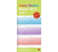 Bunte Wochen Planer für 2 2027: Praktischer Wandplaner für zwei mit 3 Spalten. Wandkalender mit Schulferien und 3-Monats-Ausblick aufs Folgejahr. Terminkalender 2027 zum Eintragen.