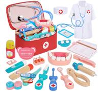 BUOAZR Maletin Medicos Juguete, 27 piezas Kit de Dentista de Madera, Doctora Juguete con Estetoscopio, Termómetro, Maletín de Médico Portátil, Juegos de rol, Juegos Educativos Niños a Partir de 3 Años