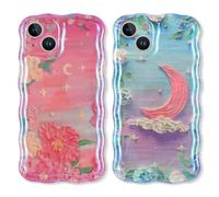 Buoluoioir 2 Piezas Funda para Apple iPhone 15 6,1", Estrellas Luna Flores Athestic Pattern Fundas Estética Caso Protección Covercon Cámara Suave Carcasa Case,4