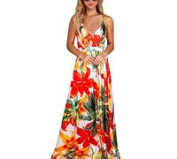 BUOYDM Vestido Mujer Casual Largo Sexy Vestido Boho Floral Maxi con Cuello en V de Playa Verano Vestido