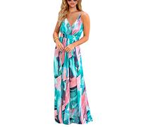 BUOYDM Vestido Mujer Casual Largo Sexy Vestido Boho Floral Maxi con Cuello en V de Playa Verano Vestido