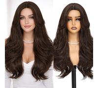 BUPPLER Peluca castaño 66 cm cortina pony pelucas para mujer largo ondulado en capas peluca sintética precortada sin pegamento cabello natural para uso diario en