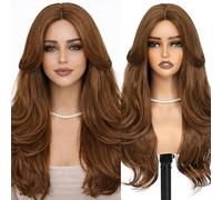 BUPPLER Peluca marrón cobre brillante 66 cm cortinas pony pelucas para mujer largo ondulado en capas peluca sintética precortada sin pegamento cabello natural para uso diario en