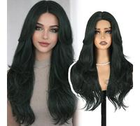 BUPPLER Peluca verde oscuro 66 cm cortina pony pelucas para damas largo ondulado capas sintético peluca precortada sin pegamento cabello natural para uso diario en