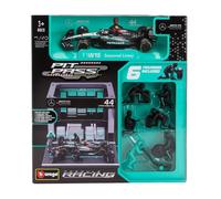 Bburago Set 1/43 Fórmula 1 Pit Stop Mercedes AMG #Hamilton Figuras mecánicas, soporte y accesorios