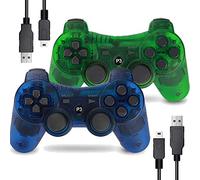 Burcica Controlador inalámbrico para PS3 Playstation 3 Dual Shock, Gaming Gamepad Joystick Control remoto para PS3 6 ejes con cable de carga (transparente, verde y azul transparente)