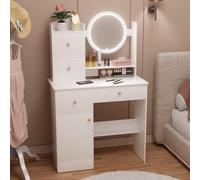 Bureau de vanité de Maquilla avec Lighte et Miroir Table de vanité con 2 tiroirs 1 Porte étagères d'oure Coiffeuse de la Chambre Blanc