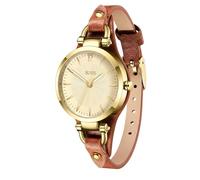 BUREI Reloj de pulsera para mujer con correa de piel, de lujo, de cuarzo, pequeño y delgado, reloj de pulsera Relogio Feminino, cara dorada marrón, Diseño clásico moderno y elegante, cómodo y no es
