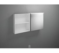 burgbad Badu armario con espejo con luz LED superior, 1 tope de puerta a la derecha, 1 estante abierto, anchura 1200mm, SFTW120RF3691G0196, Color: Blanco mate / Blanco mate, tira de asas anodizado ant