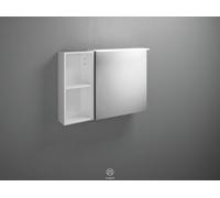 burgbad Badu armario con espejo con luz LED superior, 1 tope de puerta a la izquierda, 1 estante abierto, anchura 900mm, SFTW090LF3689G0196, Color: Blanco mate / Blanco mate, tira de asas anodizado an