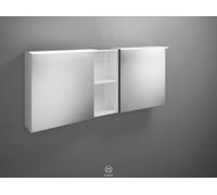 burgbad Badu armario con espejo con luz LED superior, 2 puertas, 1 estante abierto, anchura 1500mm, SFTY150F3689G0196, Color: Blanco mate / Blanco mate, tira de asas anodizado antracita G0196
