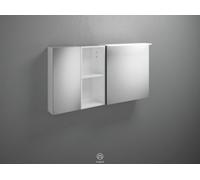 burgbad Badu armario con espejo con luz LED superior, 2 puertas, 1 estante abierto, versión izquierda, anchura 1200mm, SFTX120LF3689G0196, Color: Blanco mate / Blanco mate, tira de asas anodizado antr