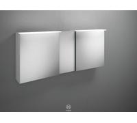 burgbad Badu armario con espejo con luz LED superior, 3 puertas, puerta central abatible a la derecha, anchura 1500mm, SFTZ150RF3689G0196, Color: Blanco mate / Blanco mate, tira de asas anodizado antr