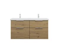burgbad Eqio lavabo doble de cerámica con mueble bajo para lavabo con 4 cajones, anchura 1230mm, SEYT123F5662C0001G0146, Color: Decoración roble urbano / Decoración roble urbano, tirador cromado G0146