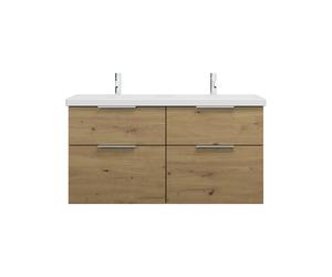burgbad Eqio lavabo doble de cerámica con mueble bajo para lavabo con 4 cajones, anchura 1230mm, SEYT123F5662C0001G0146, Color: Decoración roble urbano / Decoración roble urbano, tirador cromado G0146