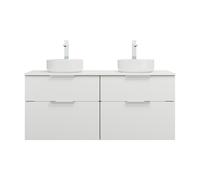 burgbad Eqio lavabos sobre encimera de cerámica redonda, incluyendo mueble bajo para lavabo con 4 cajones, ancho 1400mm, SGUO140F6582C0001G0146, Color: Blanco mate / Blanco mate, mango cromado G0146