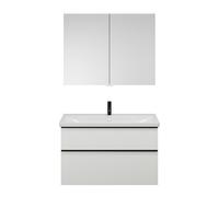 burgbad Eqio Set, compuesto por armario con espejo, lavabo de cerámica y mueble bajo para lavabo, anchura 1030mm, SFAN103F6582C0001G0252, Color: Blanco mate / Blanco mate, tirador negro mate G0252