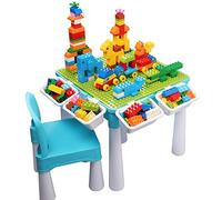 burgkidz Juego de Mesa Actividades Construccion Múltiples 5 en 1, Mesa y Silla Infantil con Bloques de Construcción Grandes de 128 Piezas, Juegos de Construcción para Niños, Azul