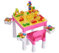 burgkidz Juego de Mesa y Silla Infantil, Mesa de Actividades Construccion y Silla con 128 Piezas Juguetes de Creativos Grandes Clásicos para Niñas, Rosa