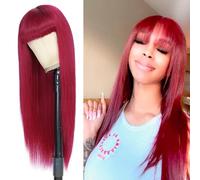Burgundy Human Hair Wigs with Bangs 150% Density Red Straight Glueless Wig Human Hair Pelucas rojas de color Pelucas de cabello humano de color burdeos con flequillo (20Inch, Straight)
