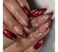 Burgundys Glitters Ombres - Obra de arte floral que se pega rápidamente para mujeres, regalo para fiestas, esenciales, punta francesa, purpurina a presión