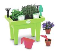 BURI Jardinera para niños con herramientas de jardín en verde, 12 piezas, mini jardinera para niños, jardinera de plástico sin bordes afilados, 30 cm de alto