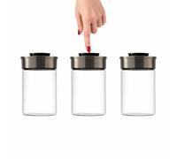 BURI Juego de 3 tarros de cristal de 1000 ml, con tapa de acero inoxidable y mecanismo de clic al vacío, herméticos, apilables, aptos para lavavajillas, a prueba de fugas
